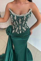 Dark Green Satin Mermaid Evening Gown Strapless Beaded Crystal Corset