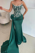 Dark Green Satin Mermaid Evening Gown Strapless Beaded Crystal Corset