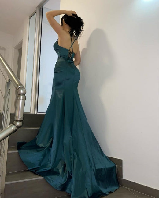 Abito da sera lungo a sirena semplice con scollo a V verde scuro