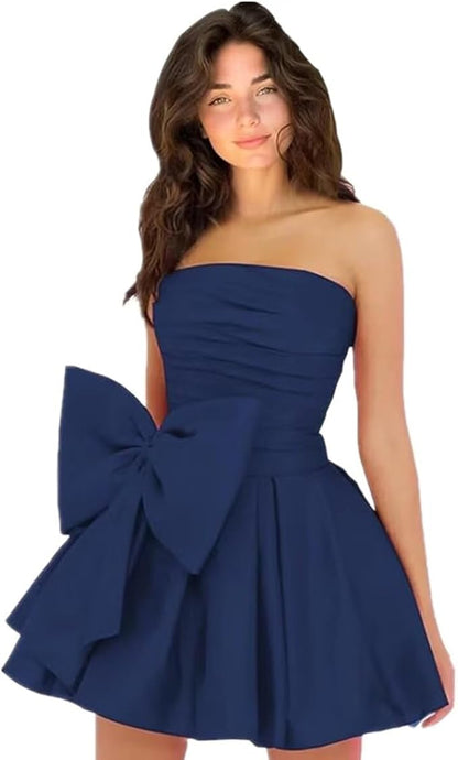 Vestidos de fiesta cortos y elegantes de corte A, sin mangas, sin tirantes, fruncidos, con cordones y lazo