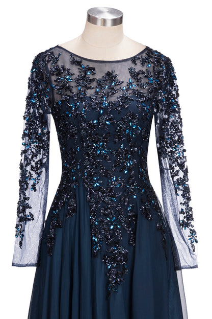 Vestido de noche formal de tul con joya, corte A, largo, azul marino oscuro, con mangas
