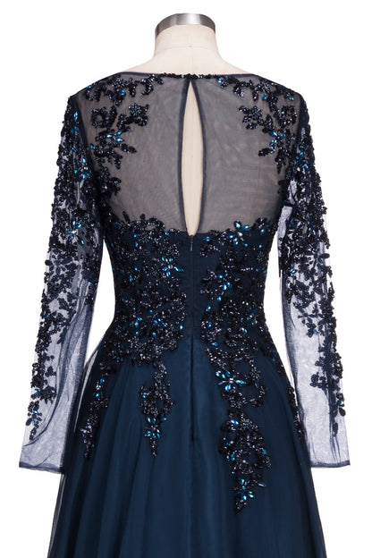Vestido de noche formal de tul con joya, corte A, largo, azul marino oscuro, con mangas