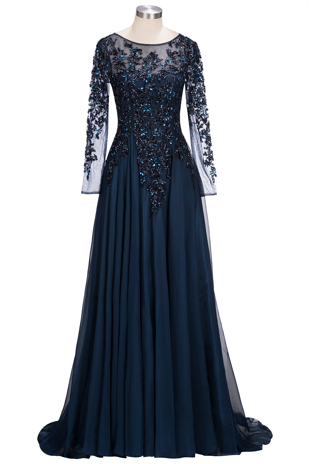 Abito da sera formale lungo a linea ad A in tulle con gioielli blu marina scuro e maniche