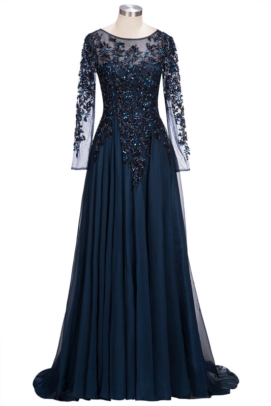 Vestido de noche formal de tul con joya, corte A, largo, azul marino oscuro, con mangas