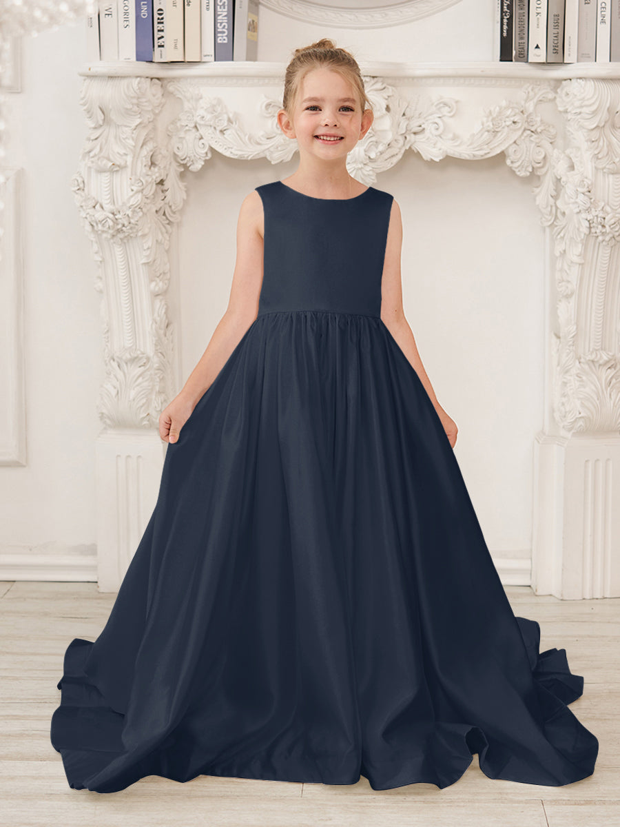 Robe de demoiselle d'honneur en satin sans manches de princesse coupe A avec traîne et nœud 