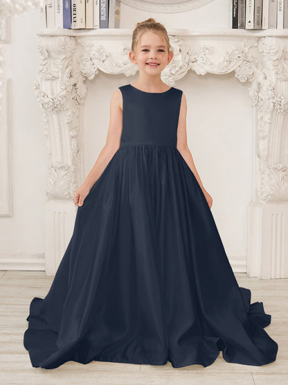 Robe de demoiselle d'honneur en satin sans manches de princesse coupe A avec traîne et nœud 