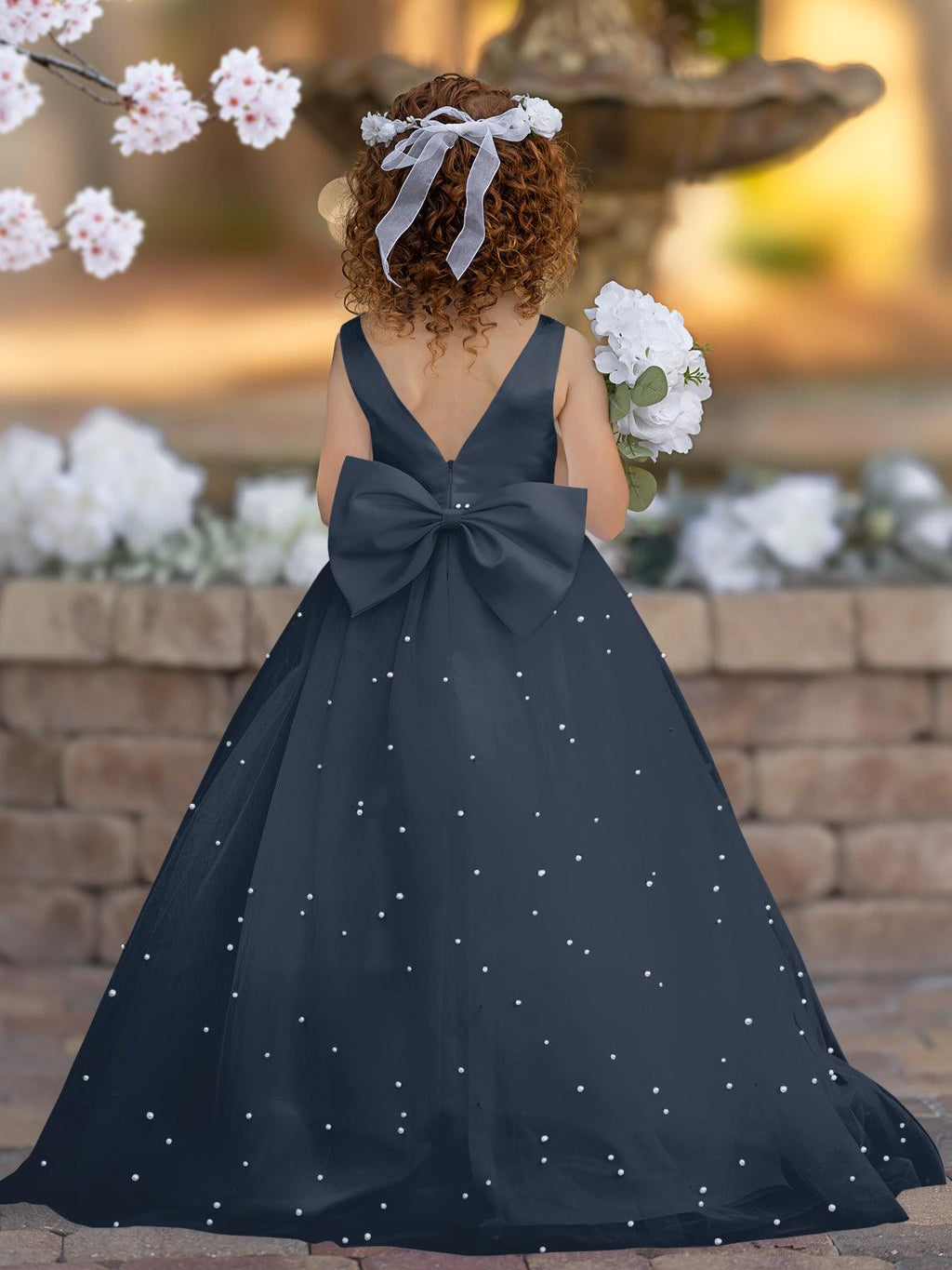 Floor Length V Neck Satin Tulle Princess Flower Girl Dress