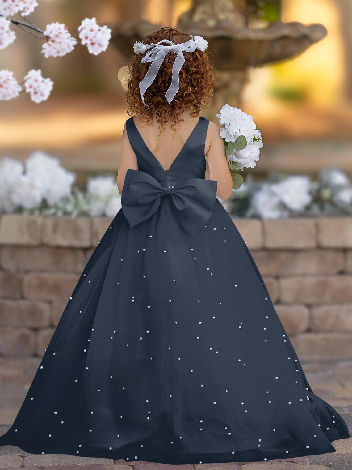 Floor Length V Neck Satin Tulle Princess Flower Girl Dress