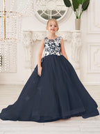 Elegant Sleeveless Tulle Flower Girl Dress With Applique Lace And Sweep Train