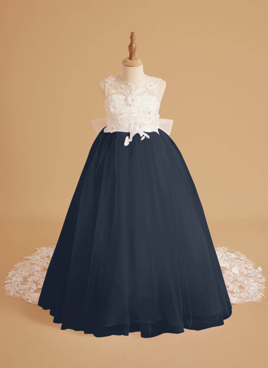 Sleeveless Princess Flower Girl Dress With Detachable Train And Beaded Lace