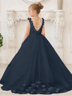 Elegant White Tulle Flower Girl Applique Lace Dress With Sweep Train