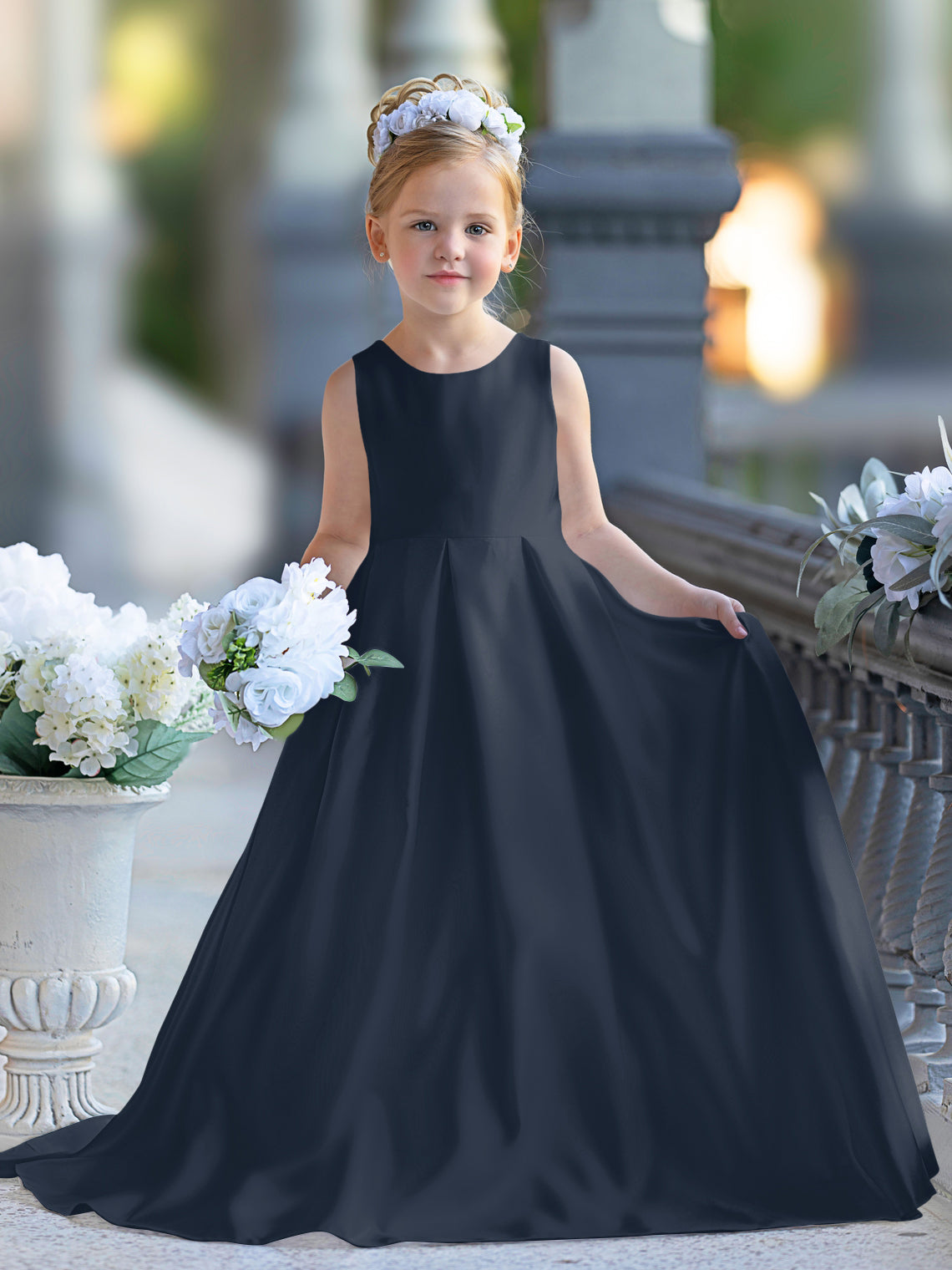 Robe de demoiselle d'honneur de première communion en satin et dentelle coupe A-line 
