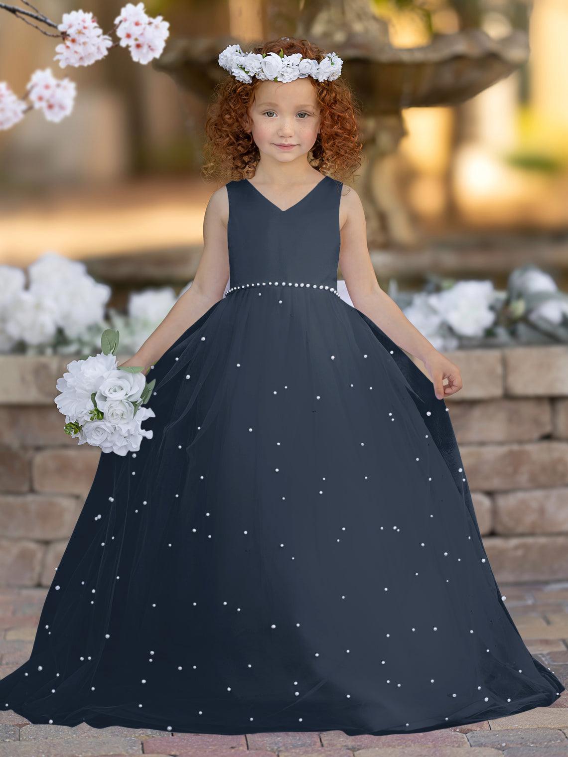 Floor Length V Neck Satin Tulle Princess Flower Girl Dress