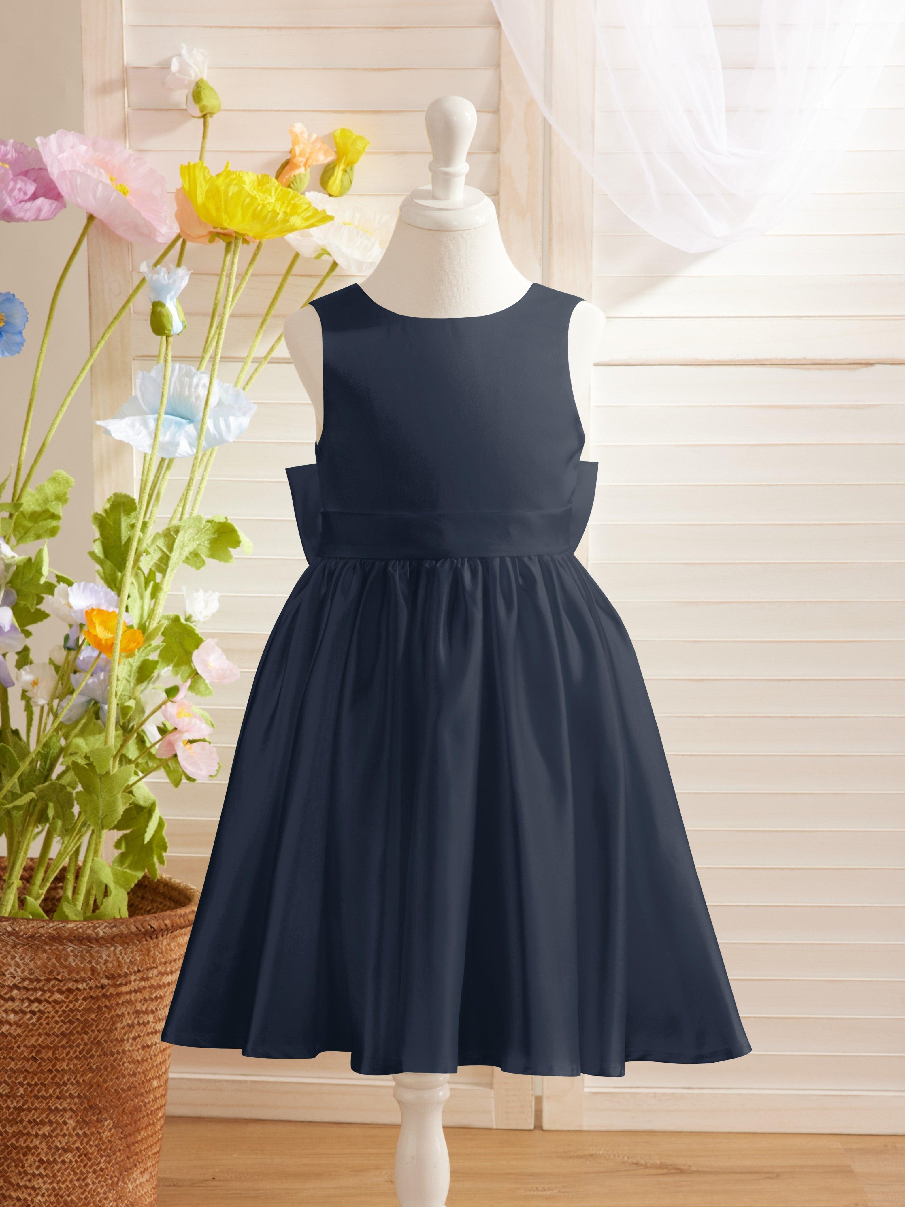 Ivory Satin Princess Flower Girl Knee Length Dress With Bow
