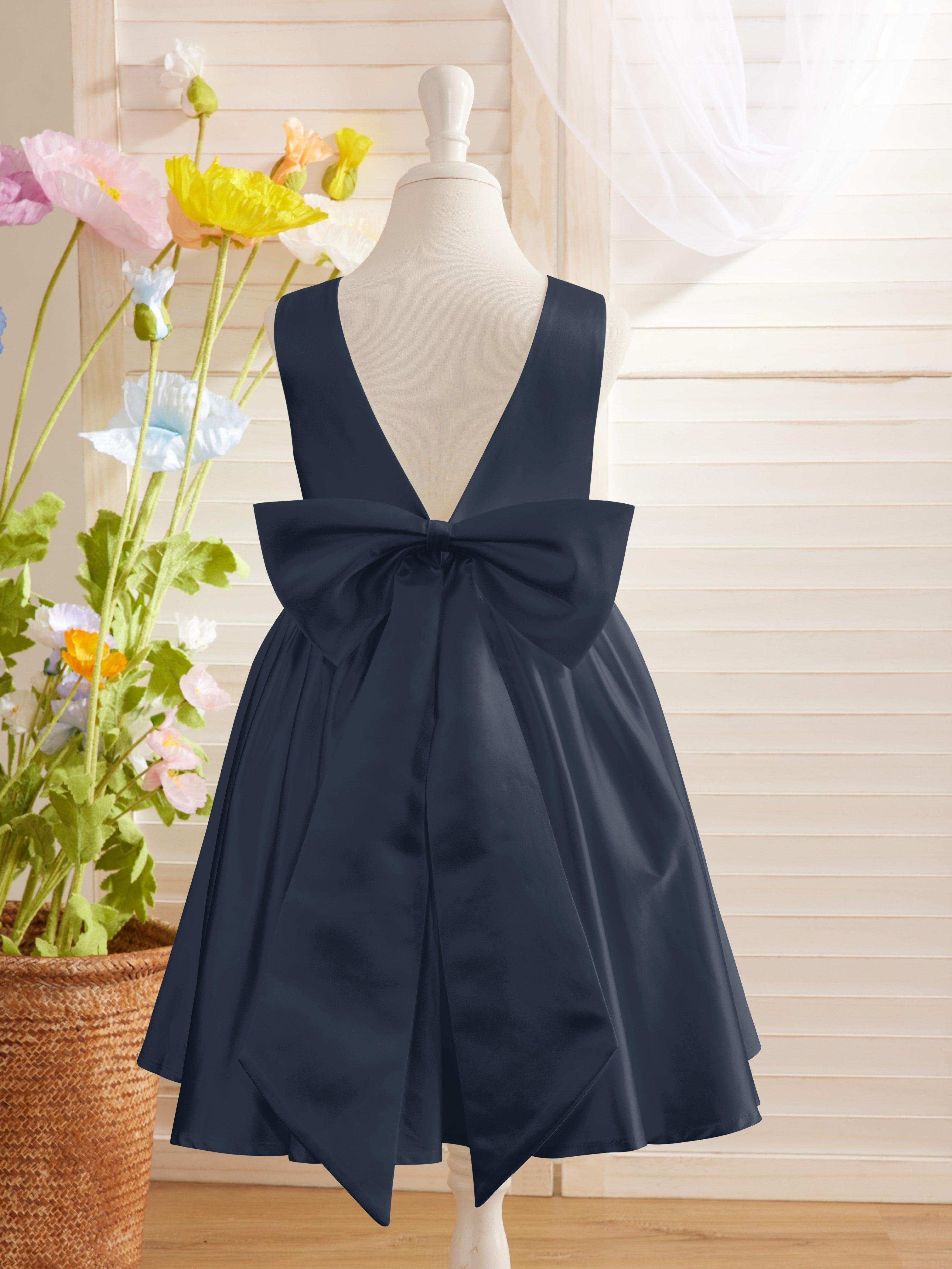 Ivory Satin Princess Flower Girl Knee Length Dress With Bow - photo 3
