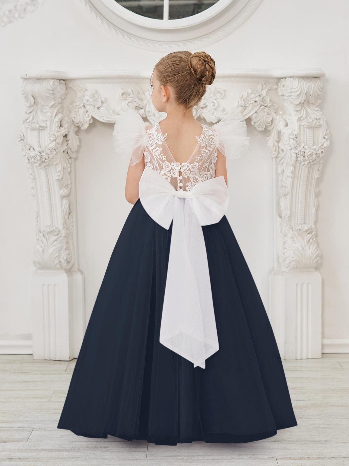Detachable Lace Tulle Flower Girl Dress With Bow And Sweep Train