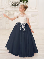 Detachable Lace Tulle Flower Girl Dress With Bow And Sweep Train