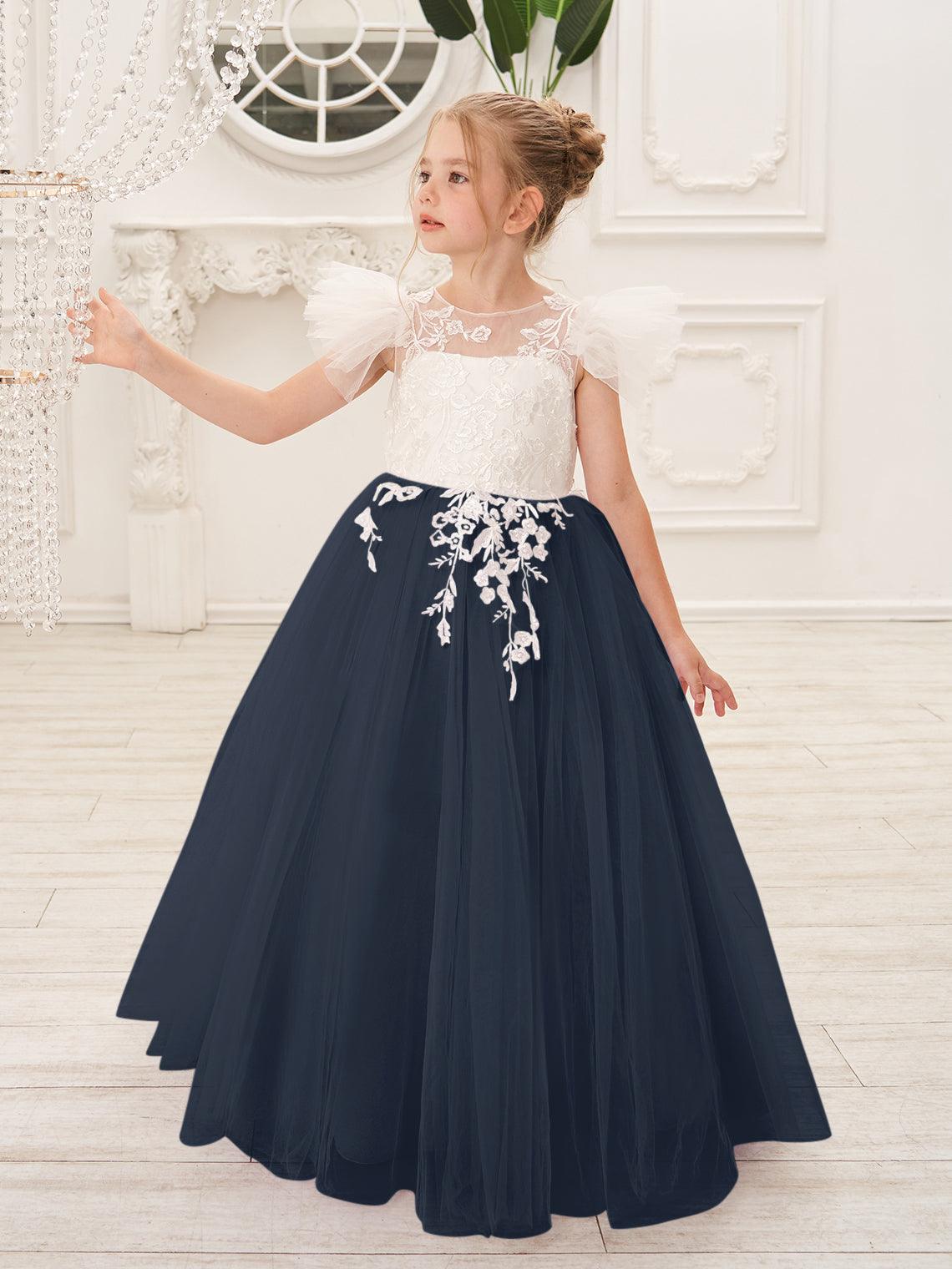 Detachable Lace Tulle Flower Girl Dress With Bow And Sweep Train
