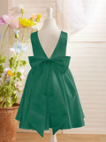 Ivory Satin Princess Flower Girl Knee Length Dress With Bow