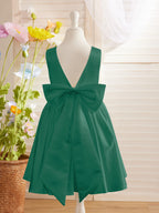 Ivory Satin Princess Flower Girl Knee Length Dress With Bow