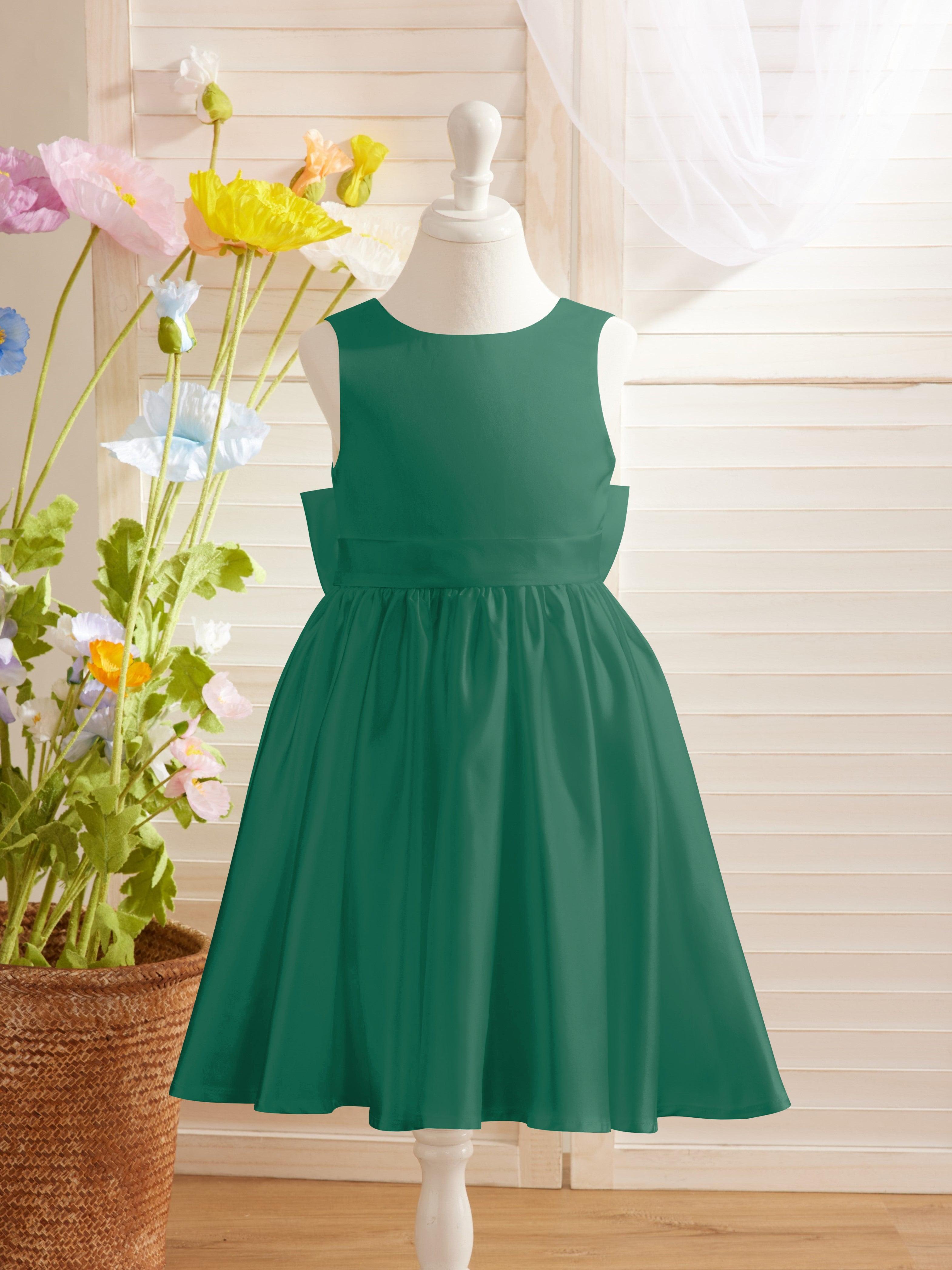 Ivory Satin Princess Flower Girl Knee Length Dress With Bow