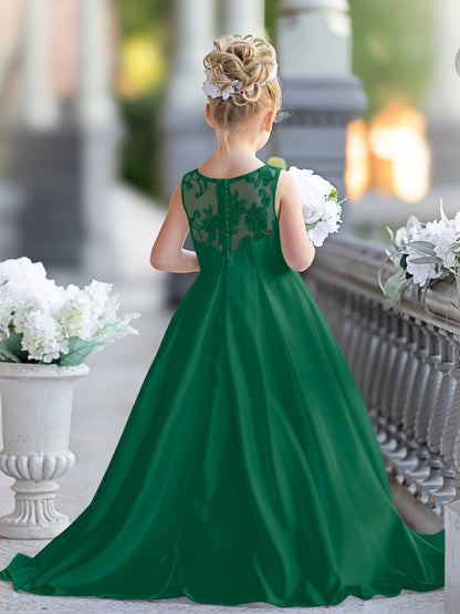 Robe de demoiselle d'honneur de première communion en satin et dentelle coupe A-line 