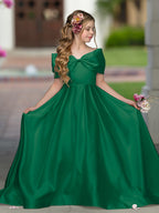 Ivory Satin Flower Girl Princess Ball Gown With Sweep Train And Bow Trim