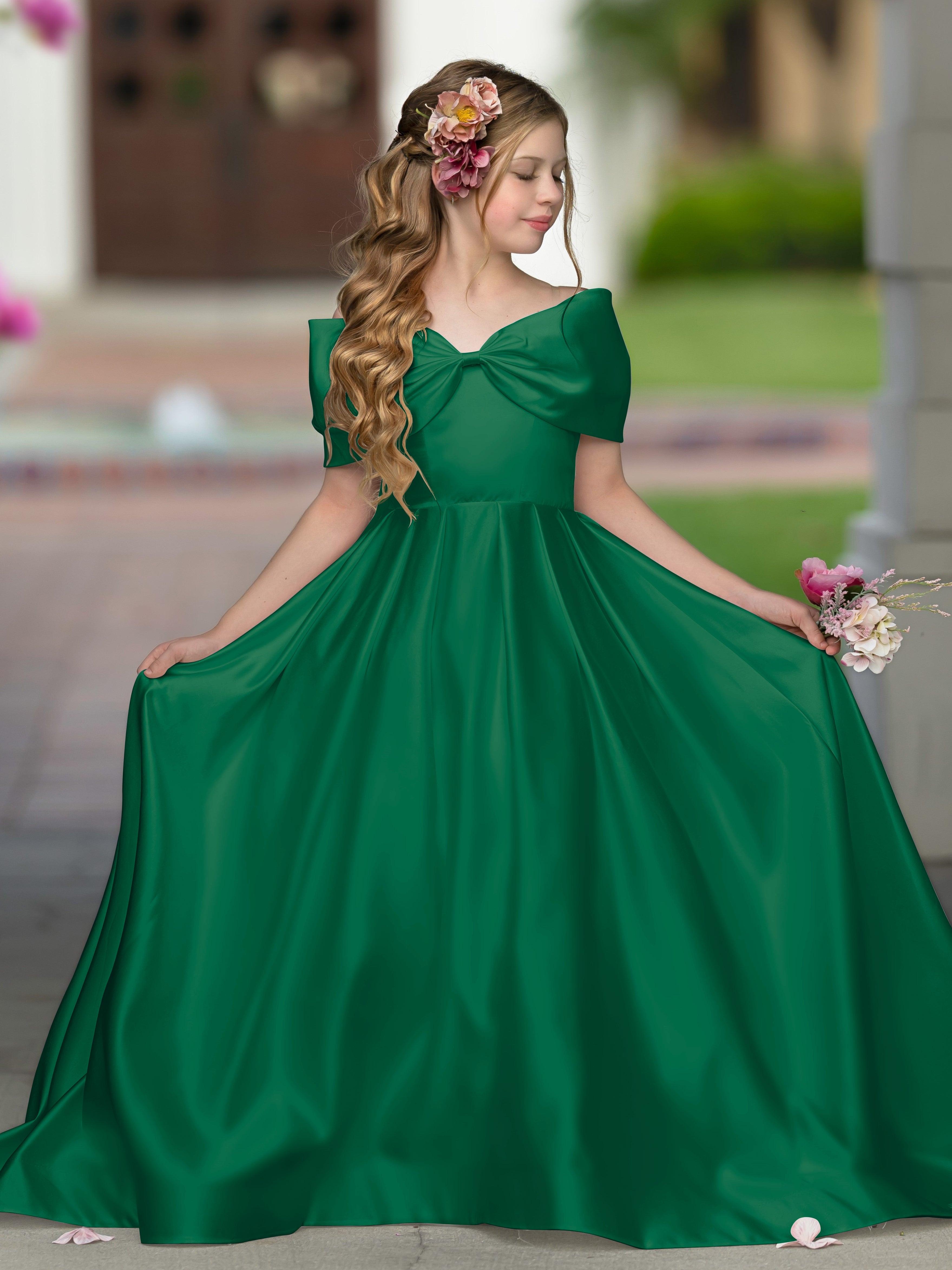 Ivory Satin Flower Girl Princess Ball Gown With Sweep Train And Bow Trim