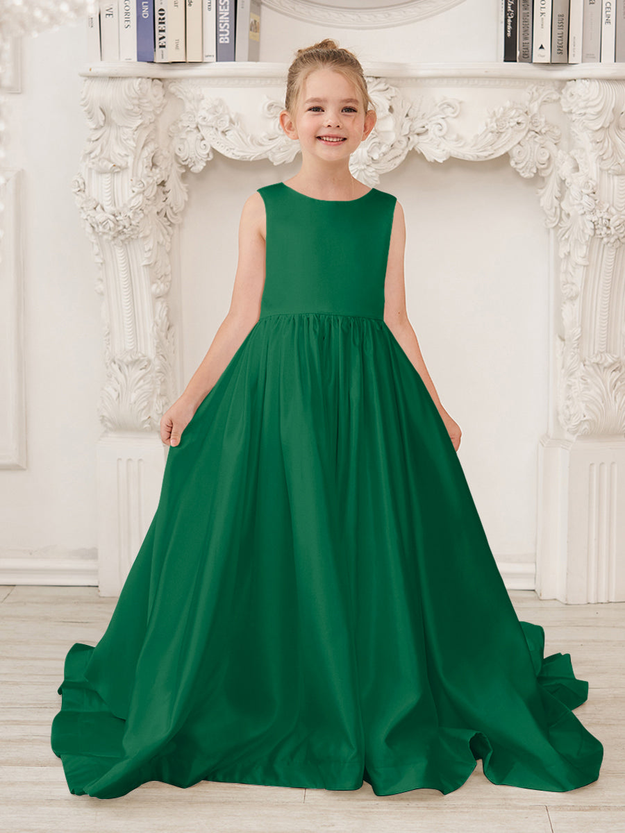 Robe de demoiselle d'honneur en satin sans manches de princesse coupe A avec traîne et nœud 