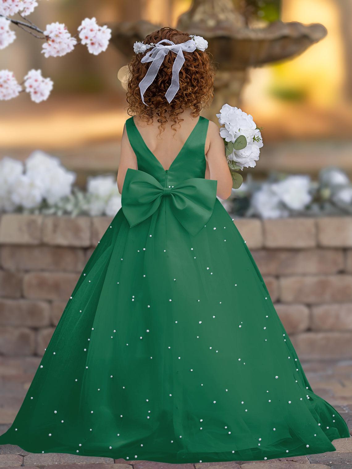 Floor Length V Neck Satin Tulle Princess Flower Girl Dress