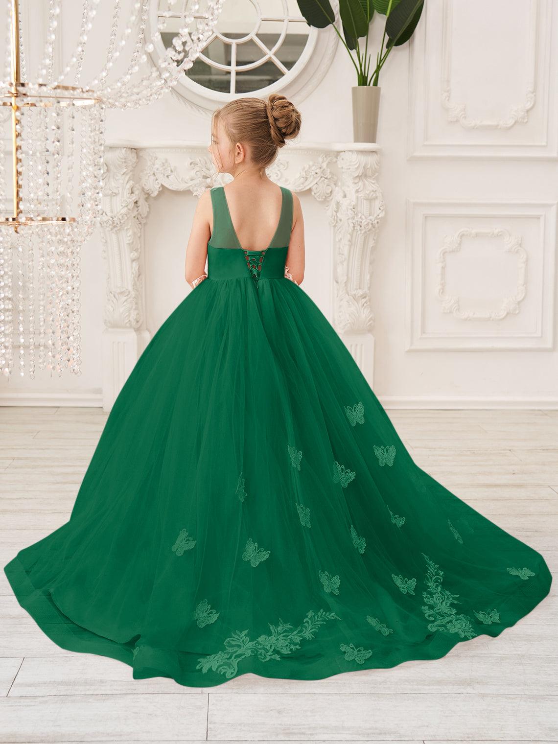 Elegant Sleeveless Tulle Flower Girl Dress With Applique Lace And Sweep Train
