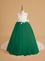 Sleeveless Princess Flower Girl Dress With Detachable Train And Beaded Lace