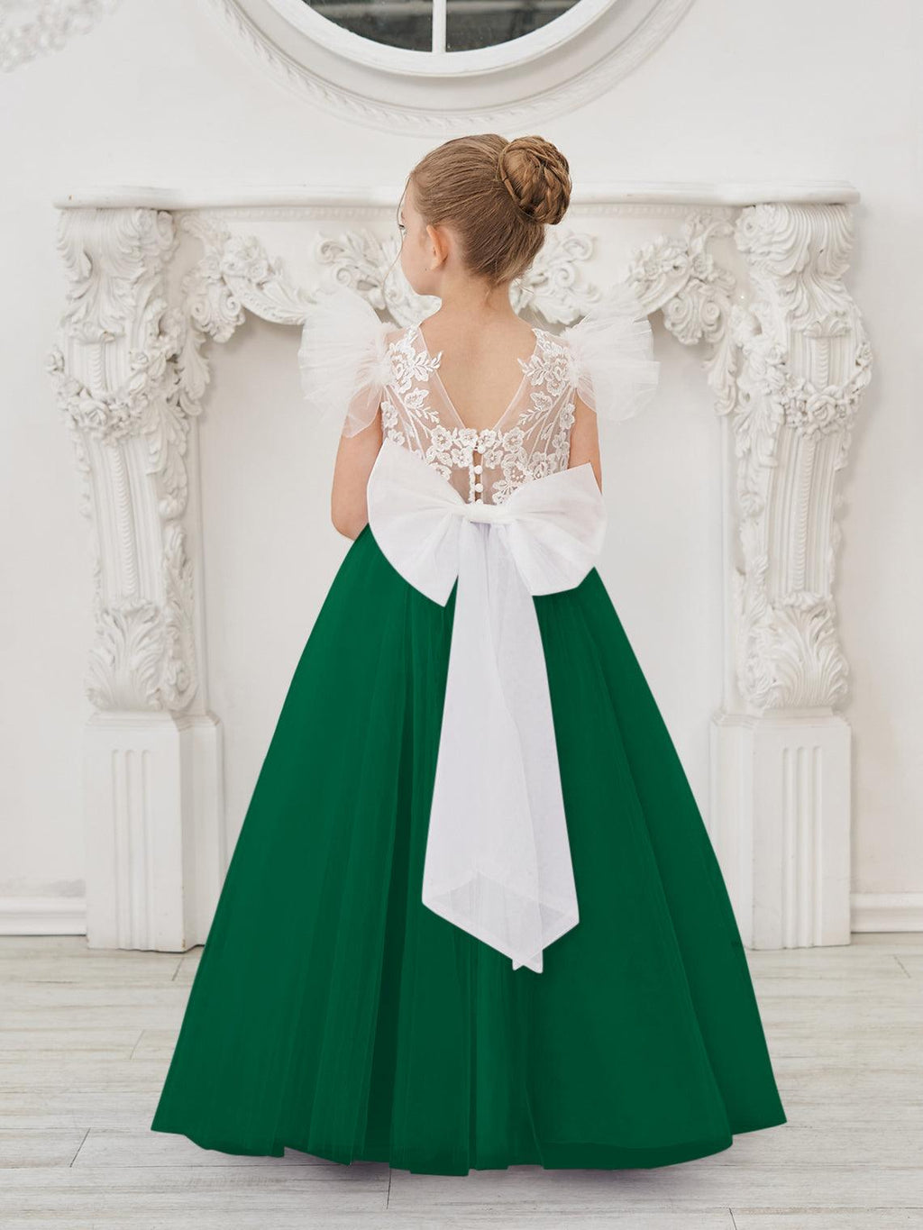 Detachable Lace Tulle Flower Girl Dress With Bow And Sweep Train