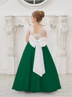 Detachable Lace Tulle Flower Girl Dress With Bow And Sweep Train