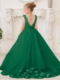 Elegant White Tulle Flower Girl Applique Lace Dress With Sweep Train