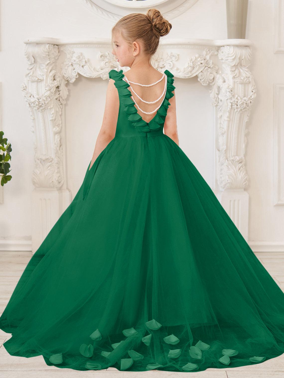 Elegant White Tulle Flower Girl Applique Lace Dress With Sweep Train