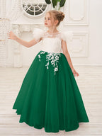 Detachable Lace Tulle Flower Girl Dress With Bow And Sweep Train