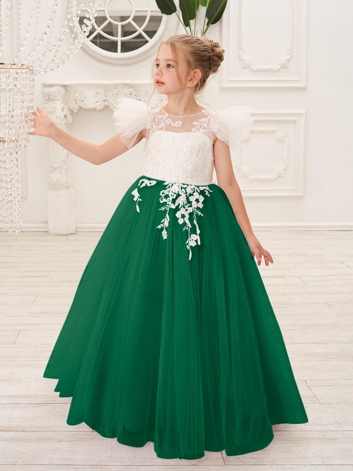 Detachable Lace Tulle Flower Girl Dress With Bow And Sweep Train