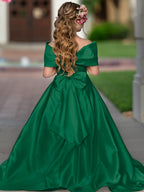 Ivory Satin Flower Girl Princess Ball Gown With Sweep Train And Bow Trim