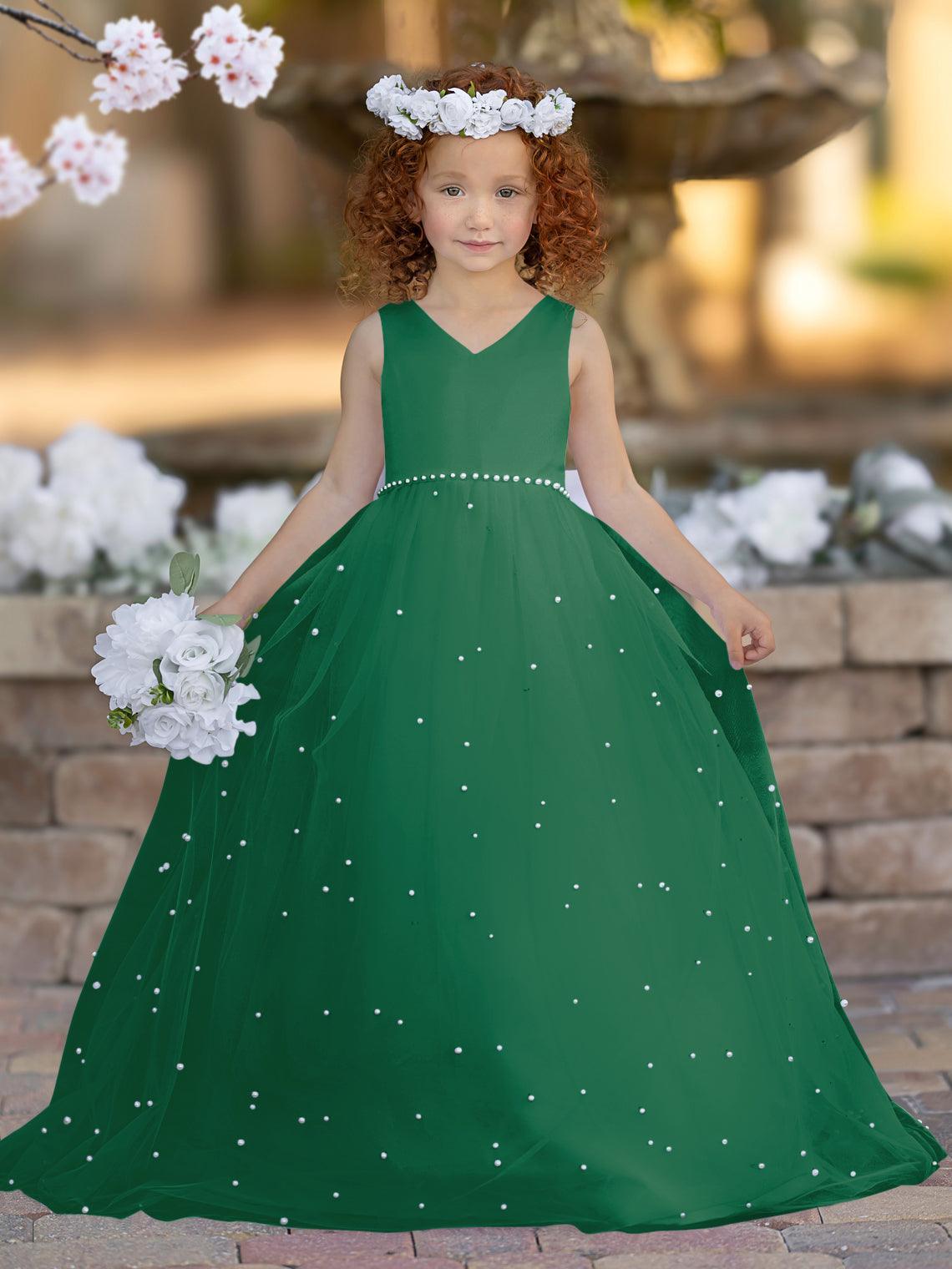 Floor Length V Neck Satin Tulle Princess Flower Girl Dress