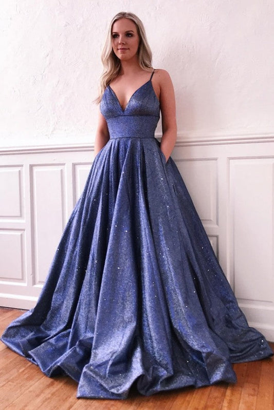Vestido de noche largo hasta el suelo con lentejuelas, escote en V y tirantes finos
