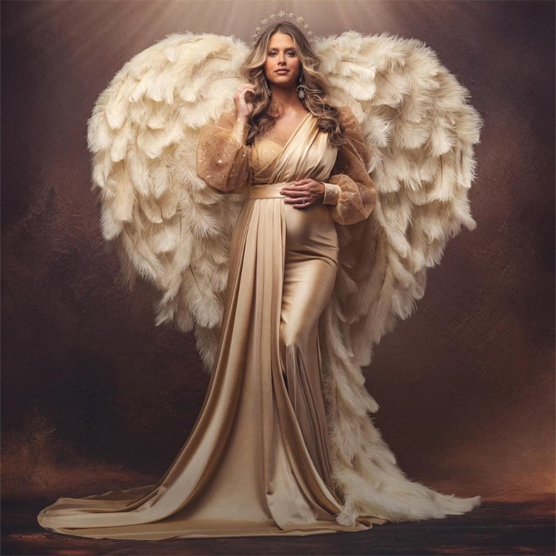 Elegant mermaid satin maternity wear detachable pink puff sleeve one-shoulder maternity evening dress photo