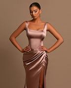 Dusty Rose Spaghetti Strap Square Neck Mermaid Prom Dress With Side Split