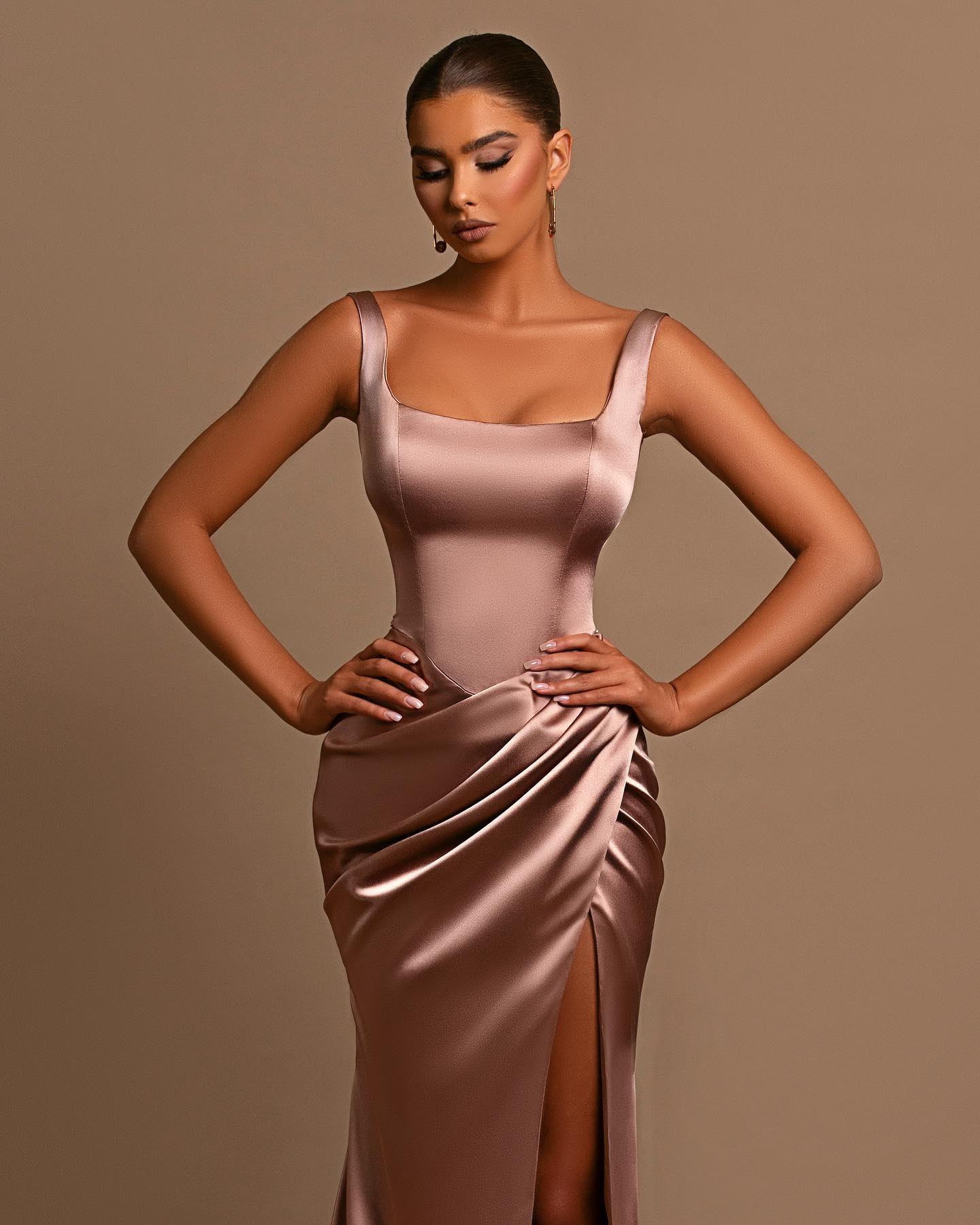 Dusty Rose Spaghetti Strap Square Neck Mermaid Prom Dress With Side Split