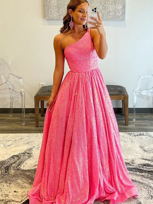 Vestido de fiesta de lentejuelas con un solo hombro y bolsillos en corte A