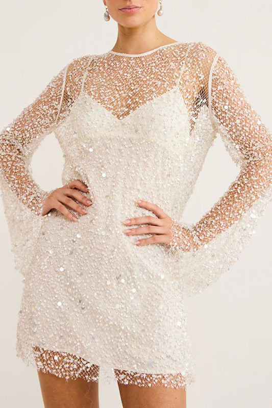 Minikleid aus glitzerndem und glänzendem Pailletten- und Perlenstoff mit separatem Unterkleid 