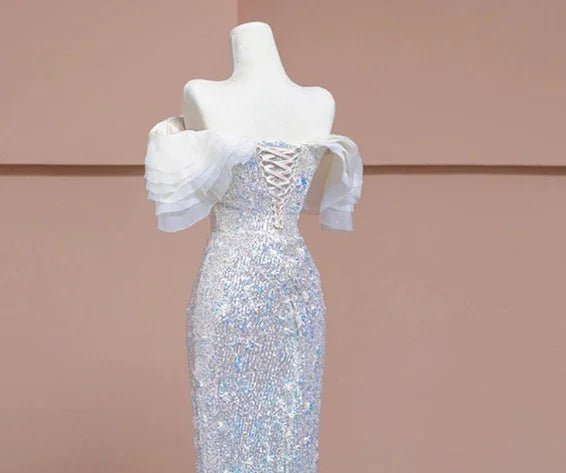 Abito da sera formale di lusso con perline e paillettes argento a sirena Y7614