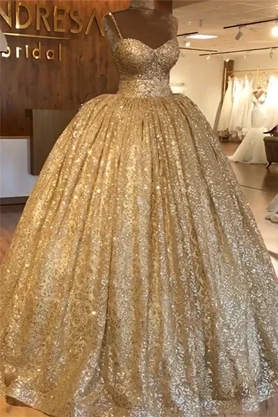 Abito da sera dorato con spalline sottili | Abito da ballo principesco di lusso per festa di gala S19116