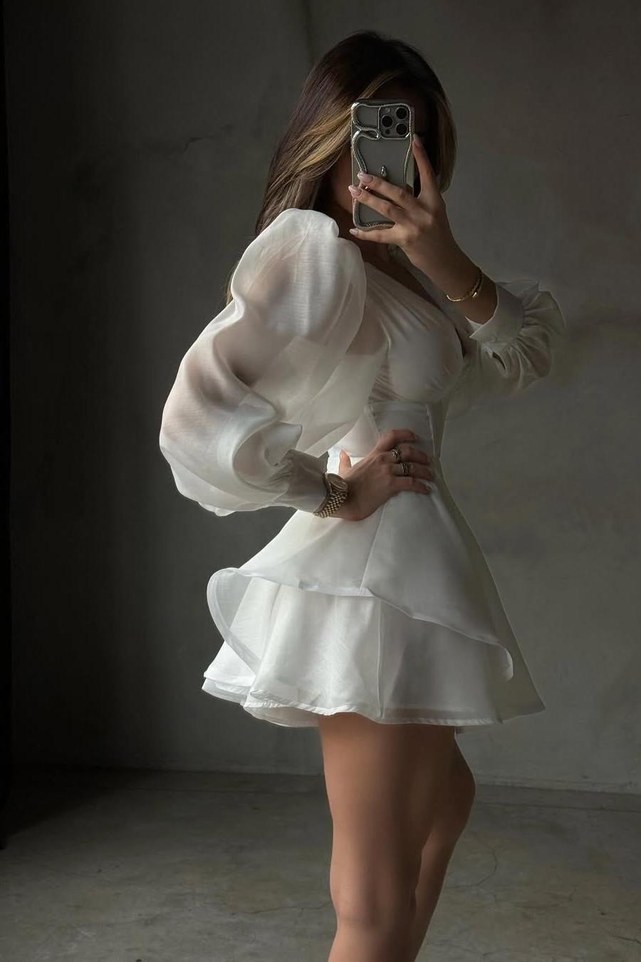 White Long Sleeve V Neck Short Prom Dress With Ruffles Pleated