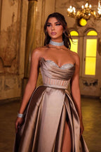 Champagne One Shoulder Satin Floor Length Evening Gown With Glitter